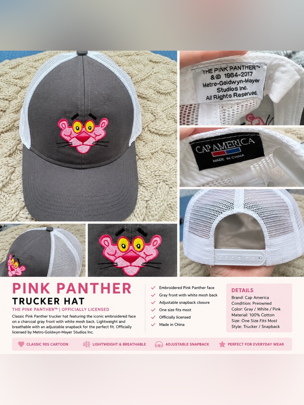 Pink Panther Trucker Hat Gray White SnapBack Cap America MGM Licensed Cartoon